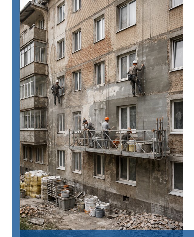 Капитальный ремонт фасада в Азове с восстановлением и гидроизоляцией