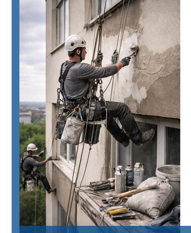 Косметический ремонт фасада зданий в Азове промышленными альпинистами