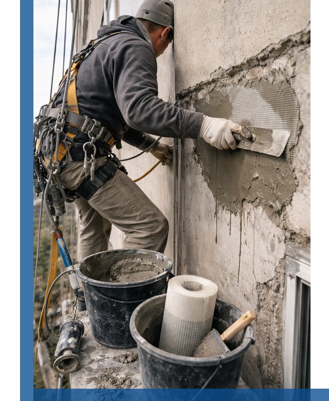 Ремонт бетонных элементов фасада промышленными альпинистами в Азове