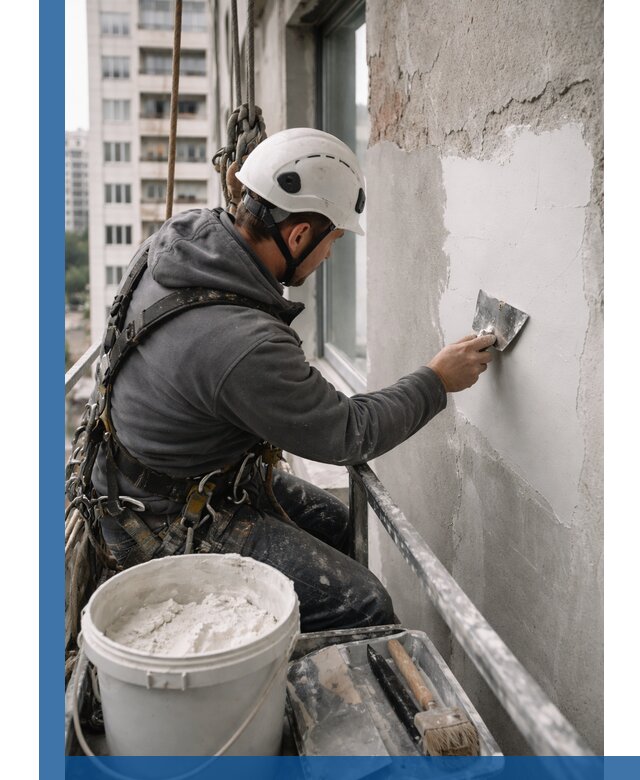 Шпаклевка фасадов на высоте с промальпинистами в Азове