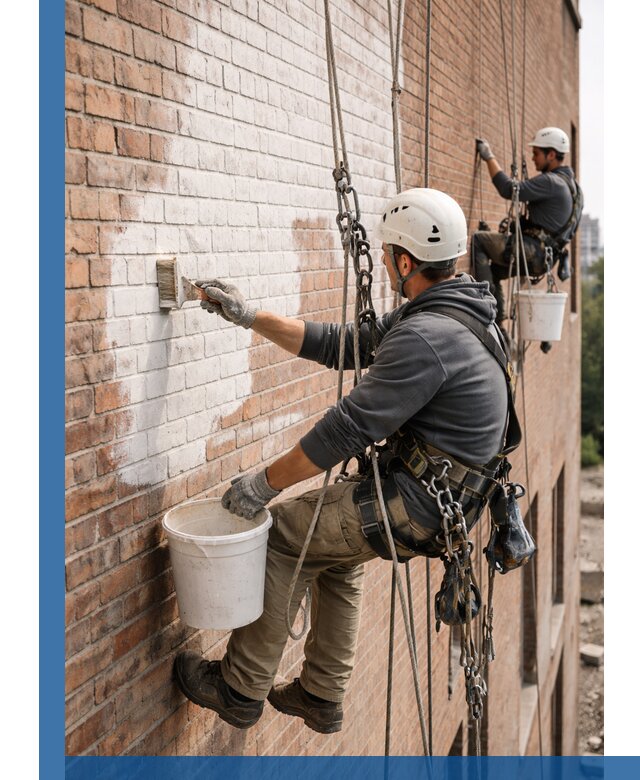 Покраска кирпичного фасада с доступным альпинистским сервисом в Азове