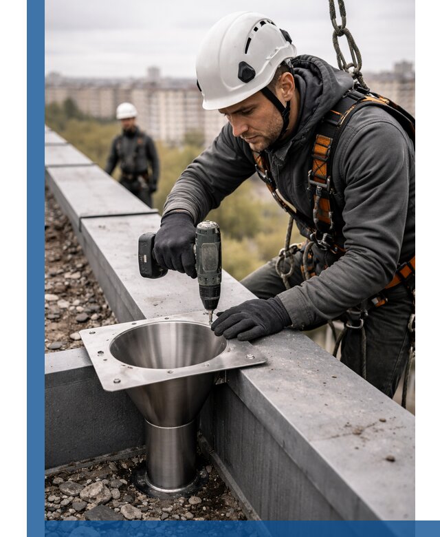 Монтаж водосточных воронок в Азове для промышленных зданий