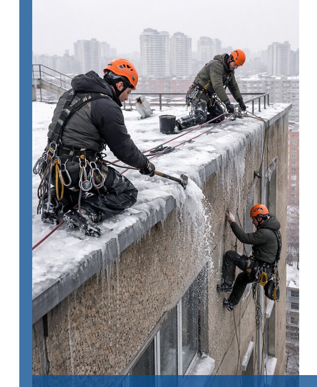 Удаление наледи с кровли в Азове промышленными альпинистами