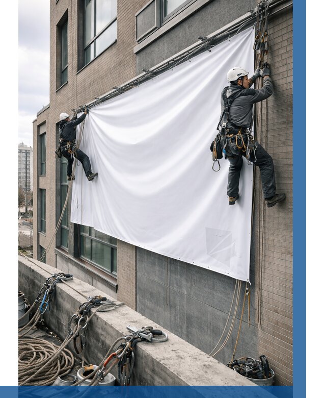 Монтаж баннеров на фасаде в Азове от 667 р. заказать ВЫСОТНИК-Азв