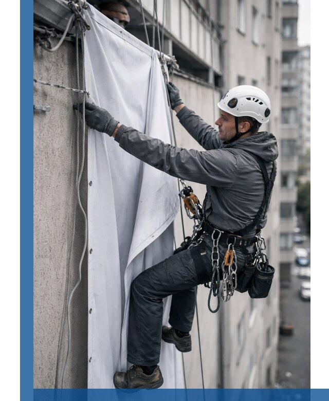 Замена баннерного полотна промышленными альпинистами в Азове