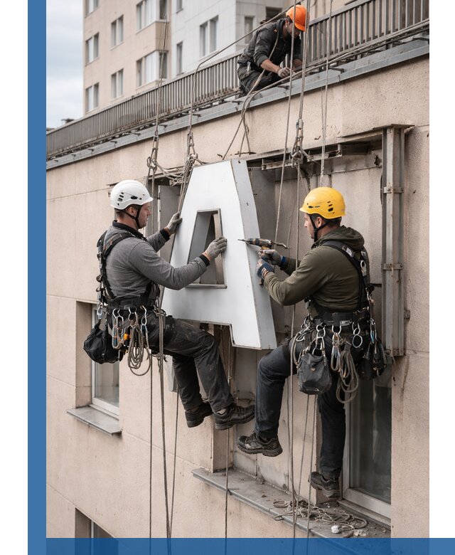 Ремонт и восстановление наружных вывесок на высоте в Азове