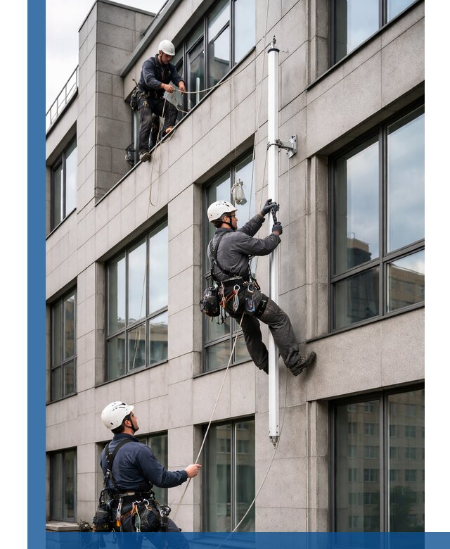 Монтаж флагштока на фасаде здания с креплением и герметикой в Азове