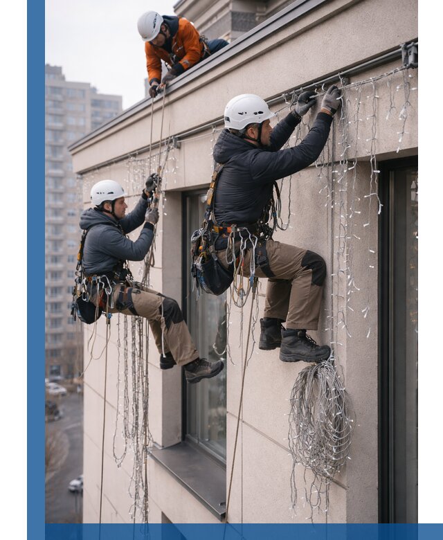 Монтаж праздничных гирлянд на фасаде в Азове для зданий