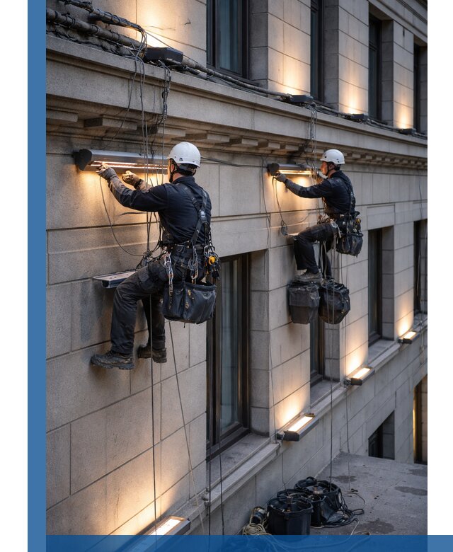 Монтаж архитектурной подсветки фасадов зданий в Азове