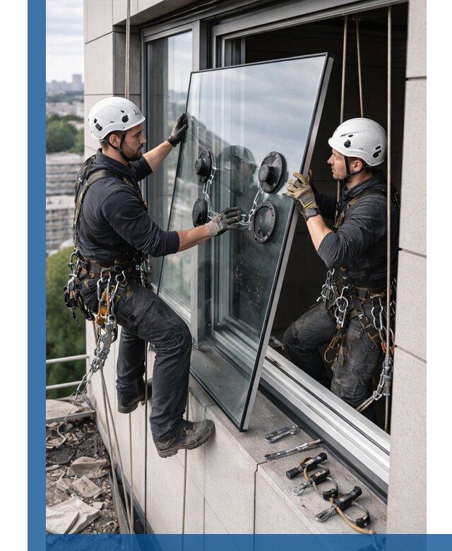 Замена стеклопакетов на высоте с промышленными альпинистами в Азове