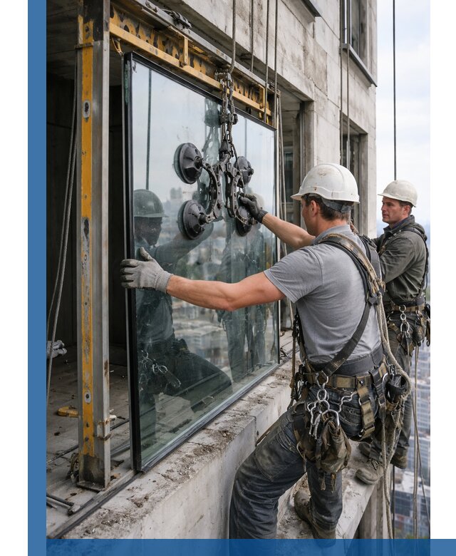 Монтаж стеклопакетов на высоте в Азове с промышленным альпинизмом