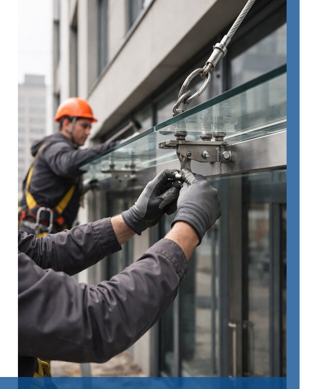 Монтаж стеклянных козырьков в Азове от 8729 р. | ВЫСОТНИК-Азв