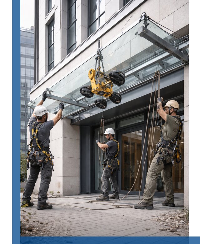 Монтаж стеклянных козырьков под ключ в Азове для зданий