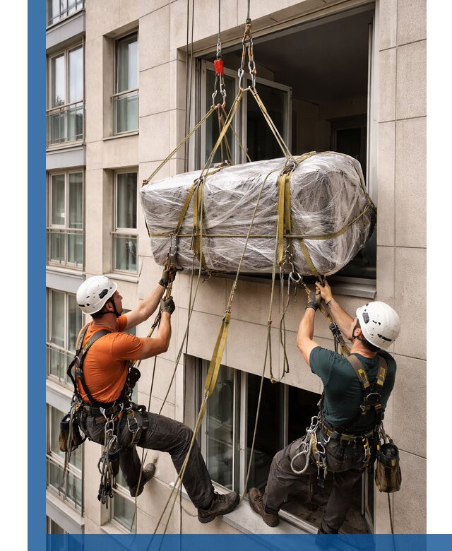 Подъем грузов через окно в Азове промышленными альпинистами