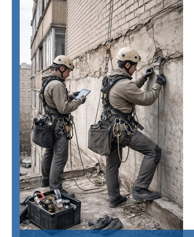 Обследование фасада промышленными альпинистами в Азове